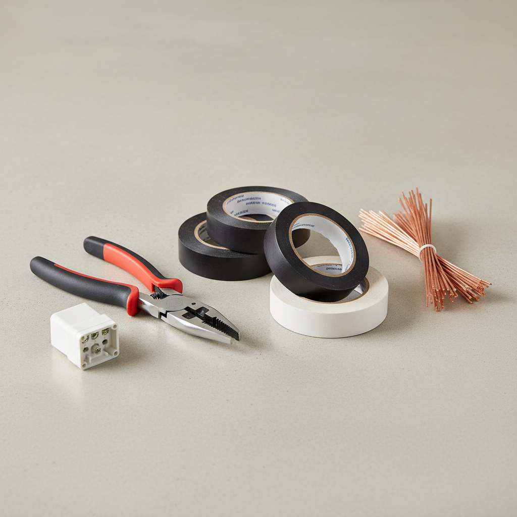 Black and white electrical tape rolls next to wire splices and tools