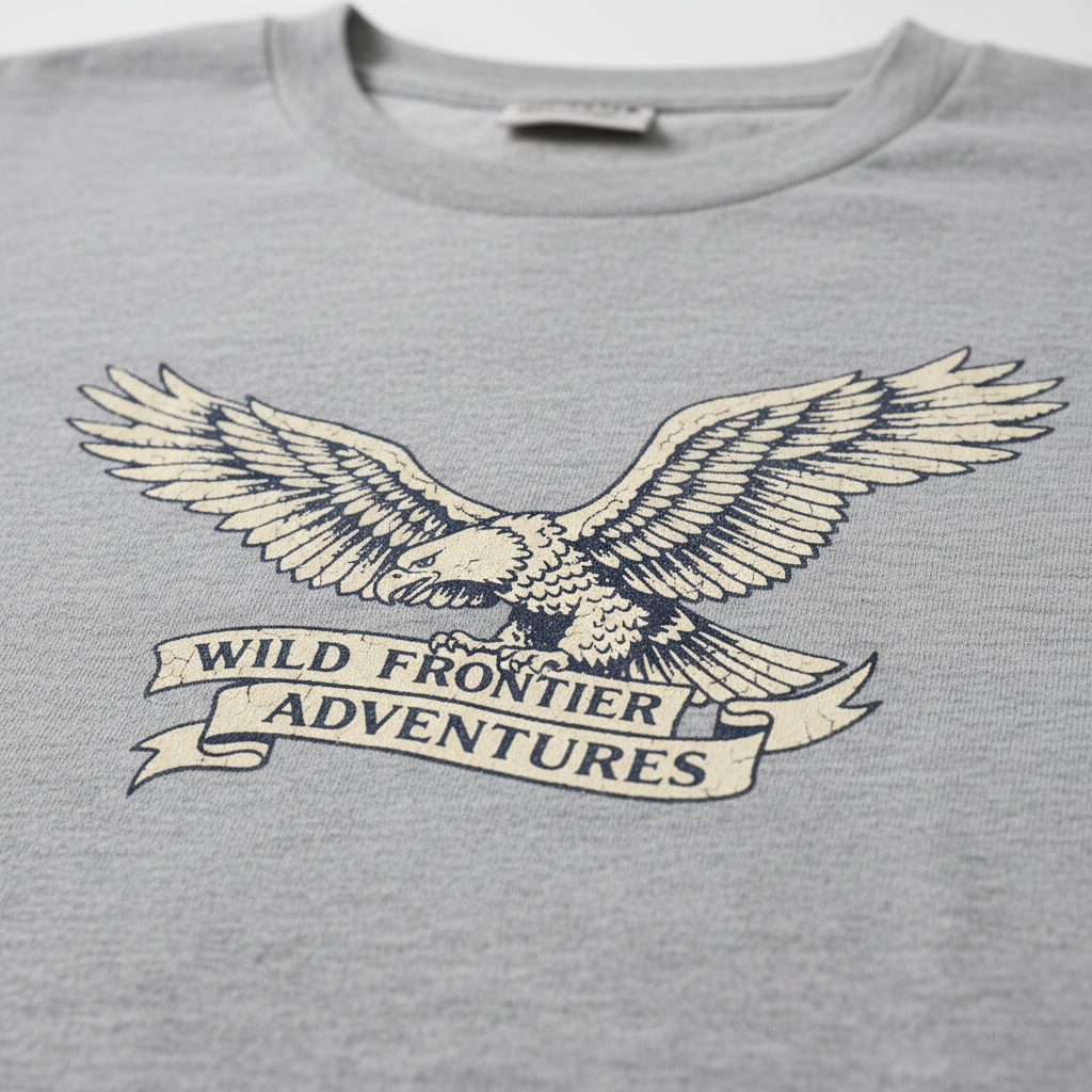 Close-up of vintage style screen print texture on a men graphic tee