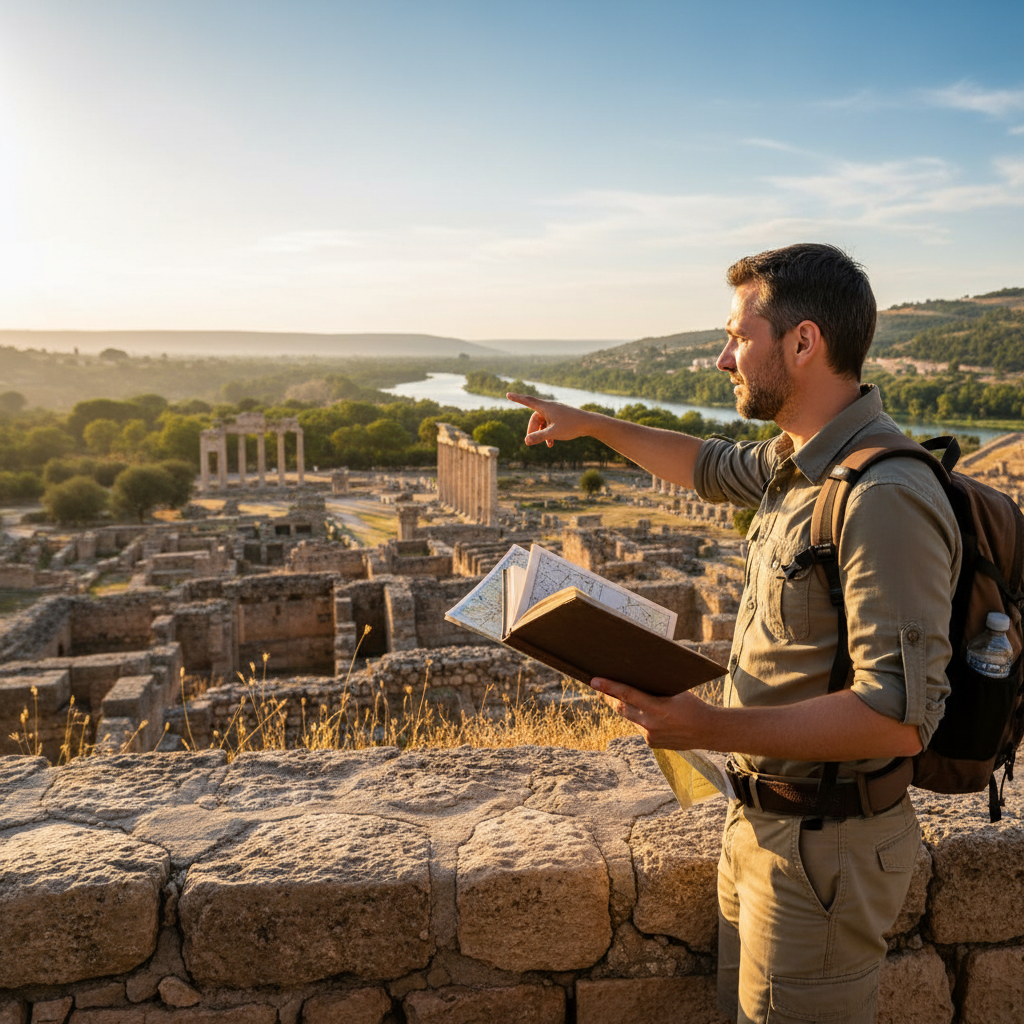 Traveler viewing ancient ruins at golden hour with guidebook and map