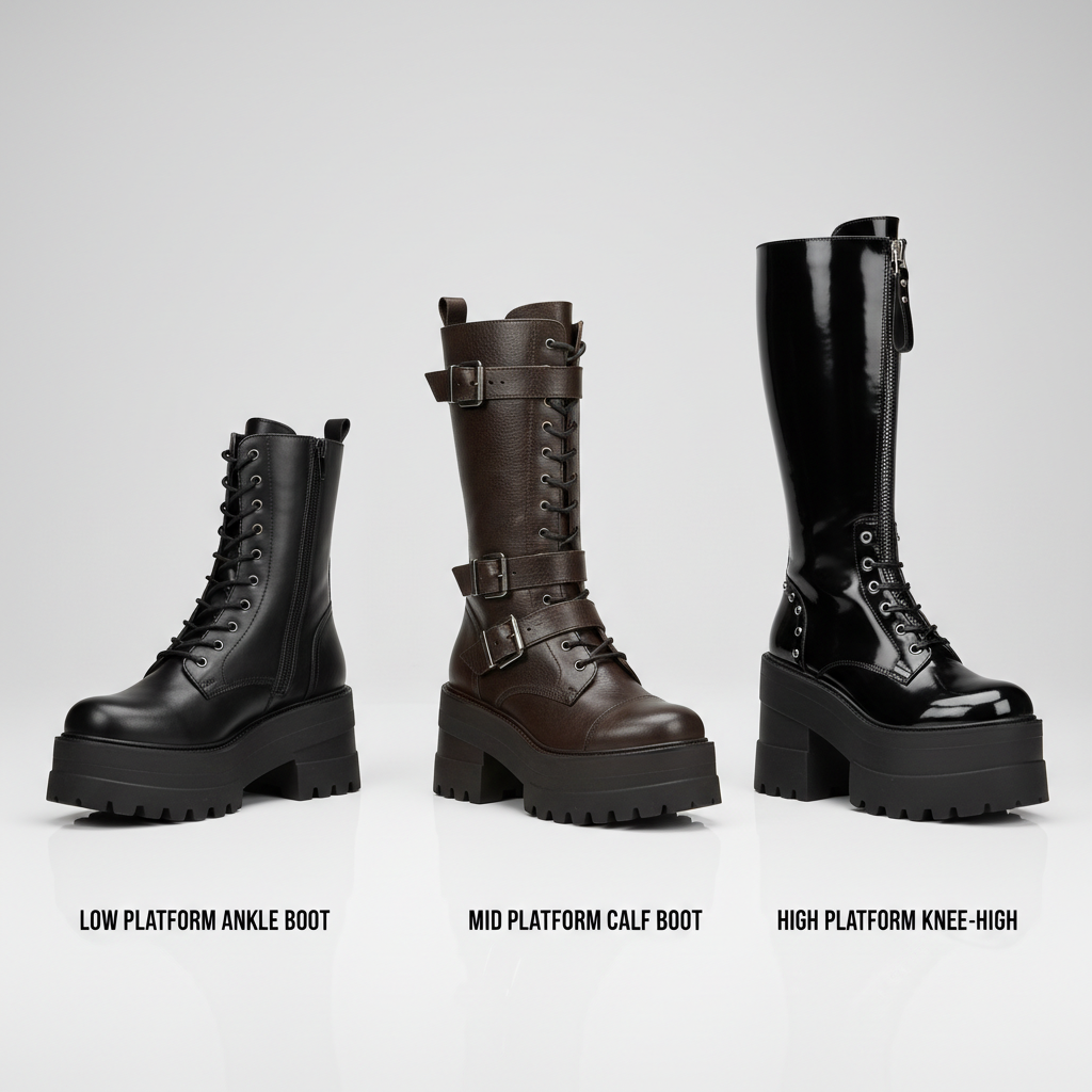 Comparison of platform sole heights and boot shaft styles for women combat boots