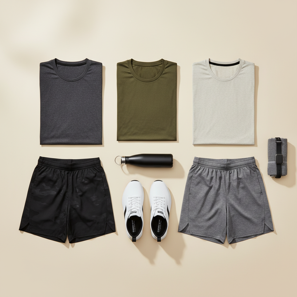 Gym apparel flat lay showing quick dry t-shirts, shorts, and training shoes