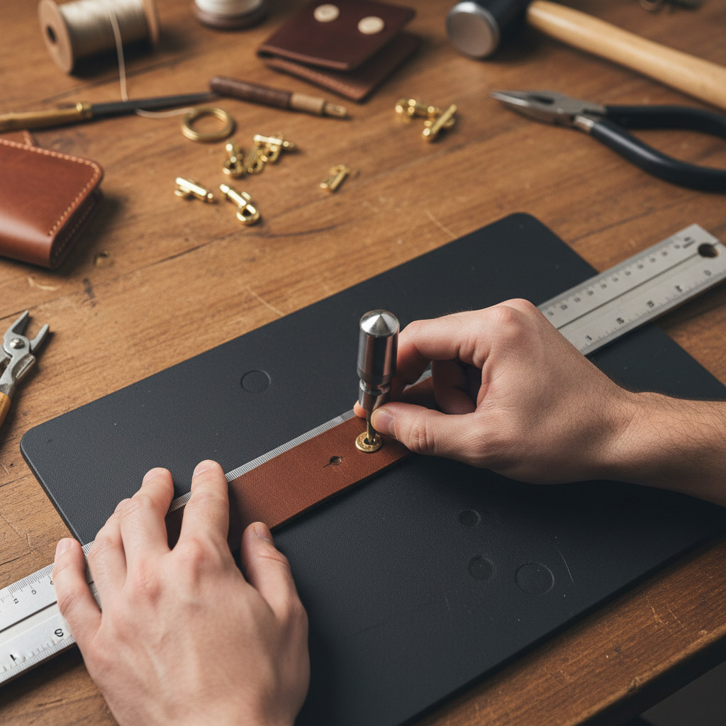 Marking and punching aligned holes for snaps on a leather strap