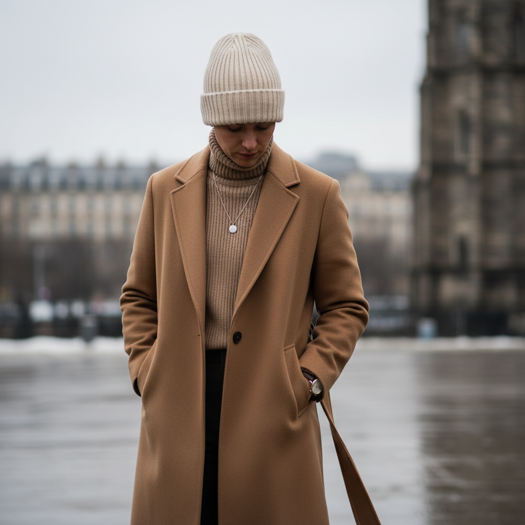 Neutral winter outfit with beanie hat and wool coat street style