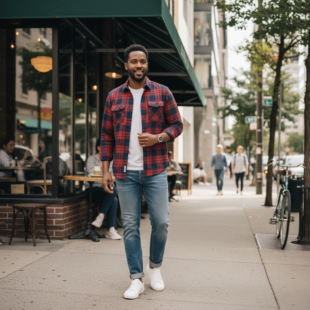 Casual plaid shirt outfit with jeans and white sneakers