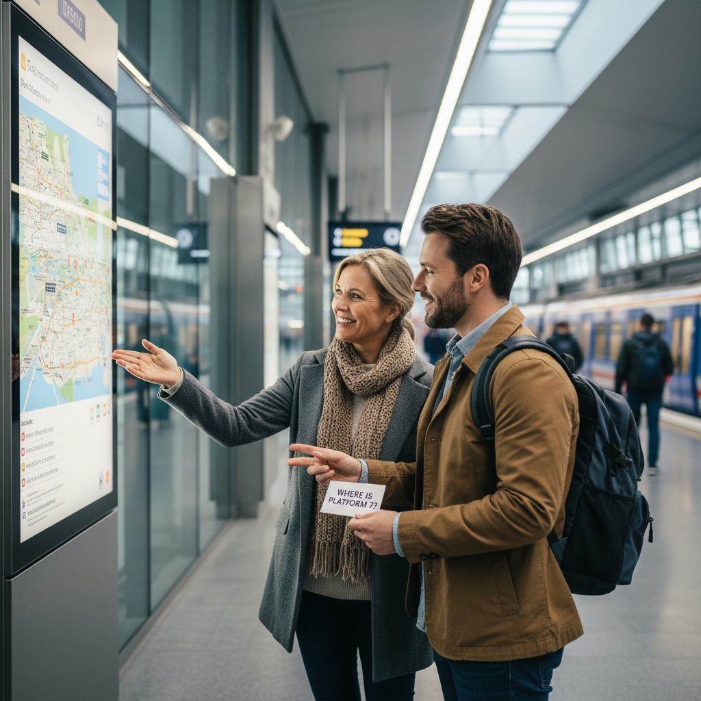Traveler asking for directions at a transit station using a small phrase card