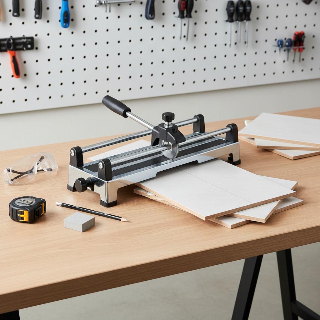 DIY tile cutting setup showing manual cutter, rubbing stone, tape measure, and safety glasses