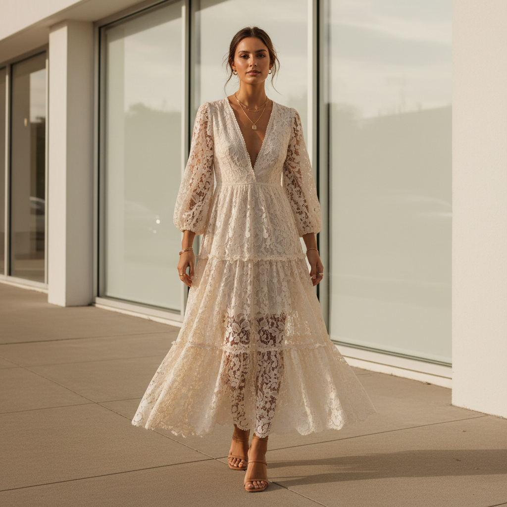 Romantic lace dress outfit with neutral heels and soft makeup