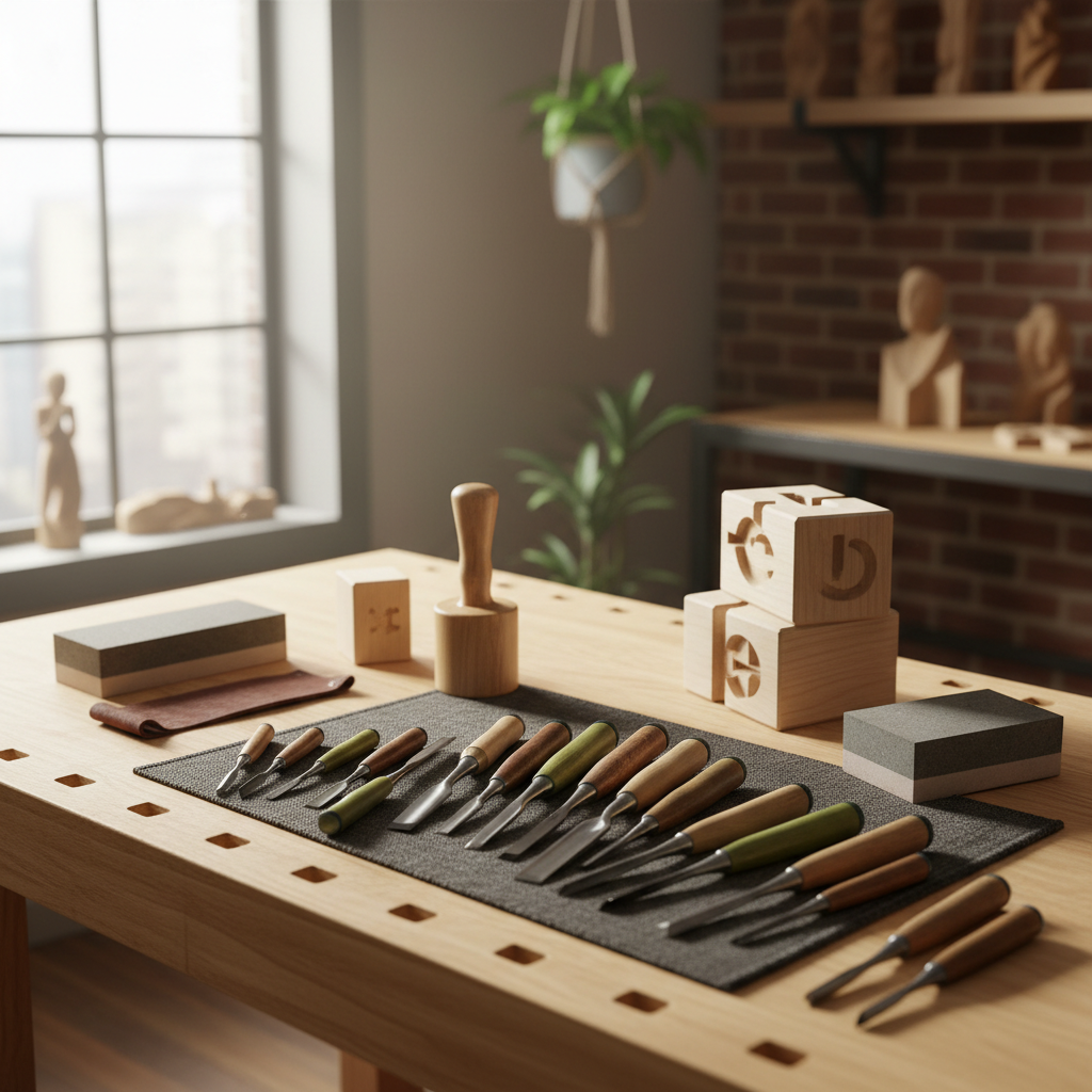 Wood gouge set carving tools arranged on a workbench for art and craft projects