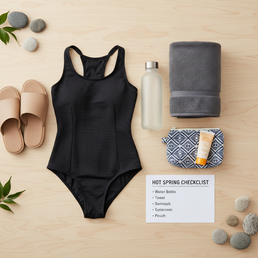 Hot spring wellness essentials hydration towel sandals checklist