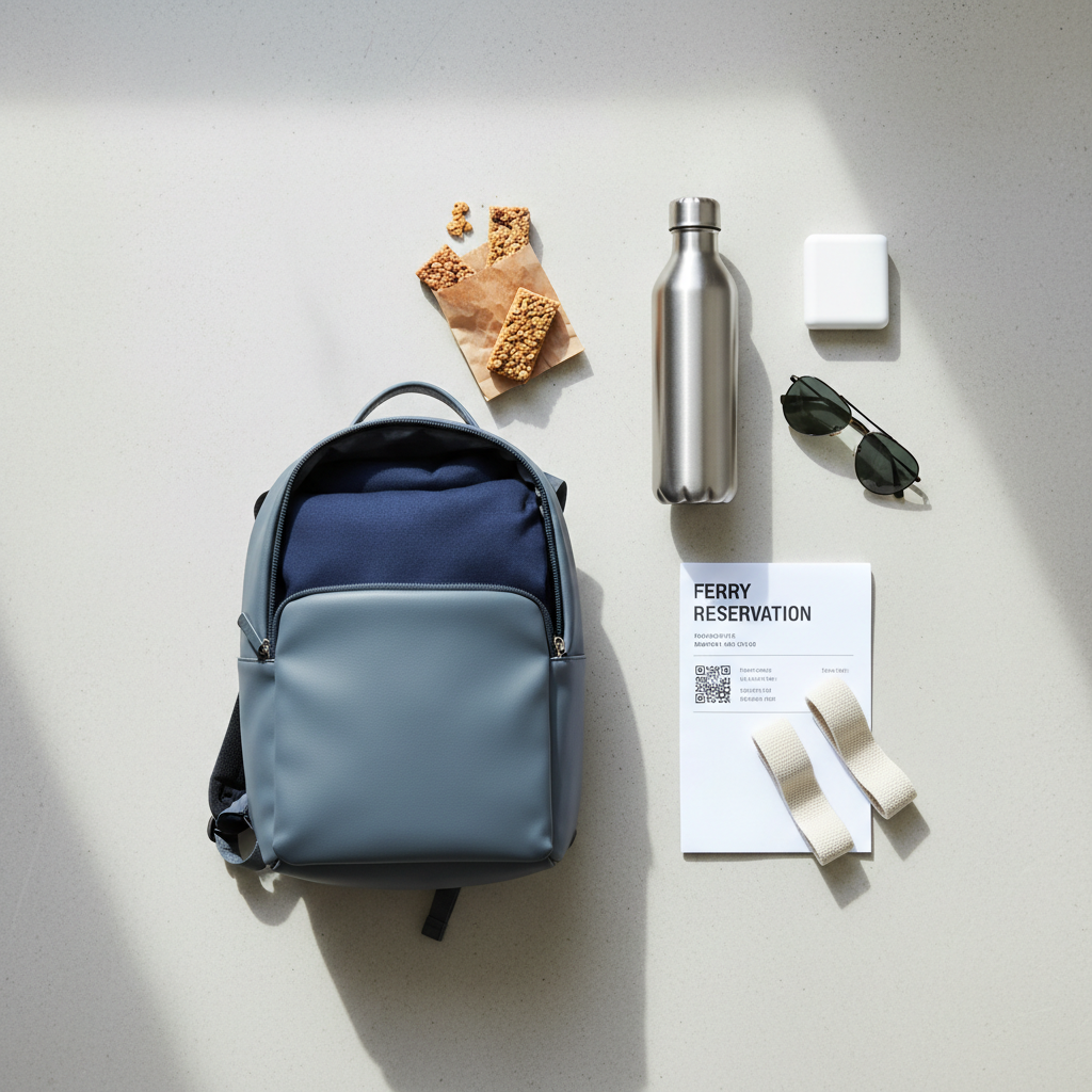 Packed day bag essentials for ferry travel on a short island trip