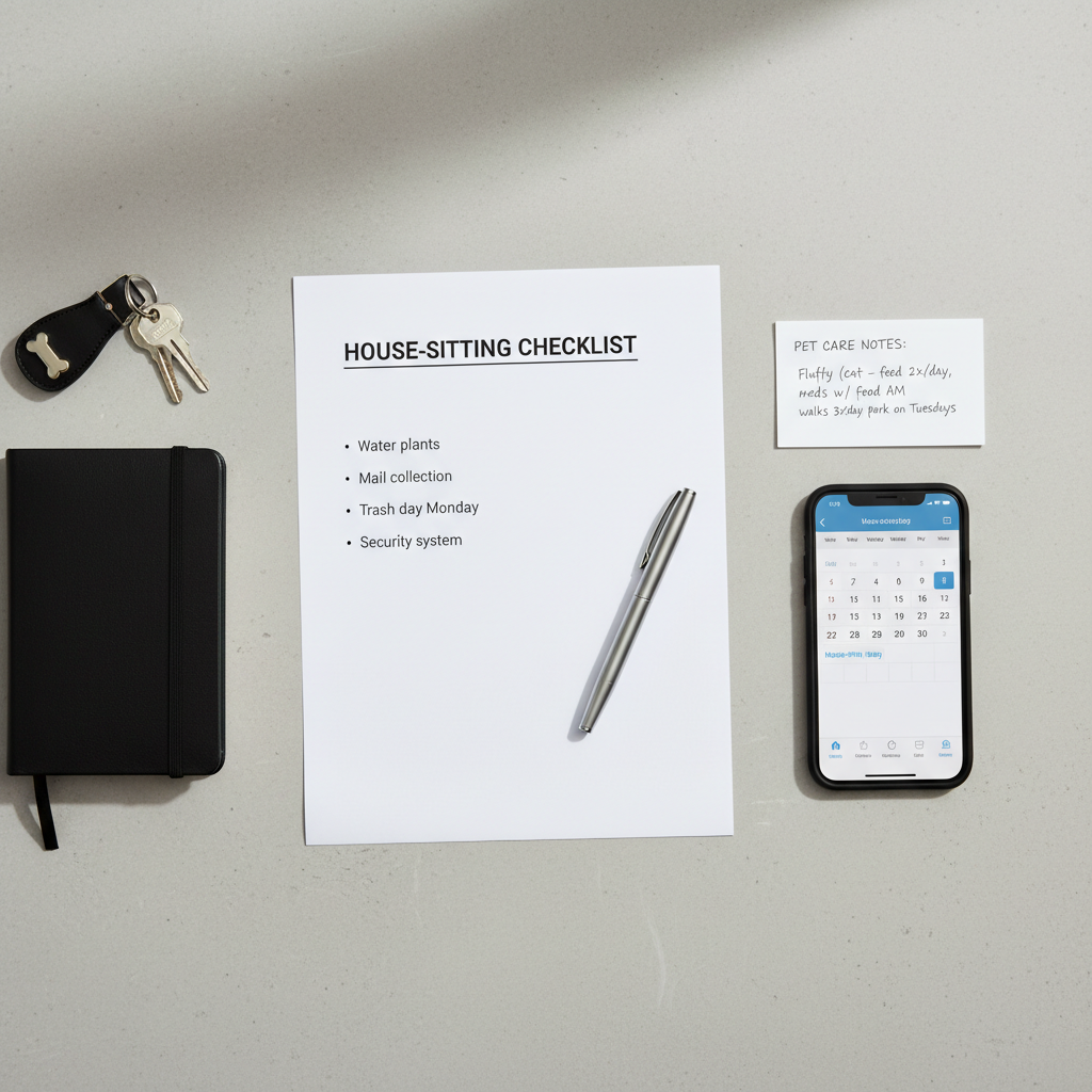 House sitting checklist and pet care notes on a tidy desk