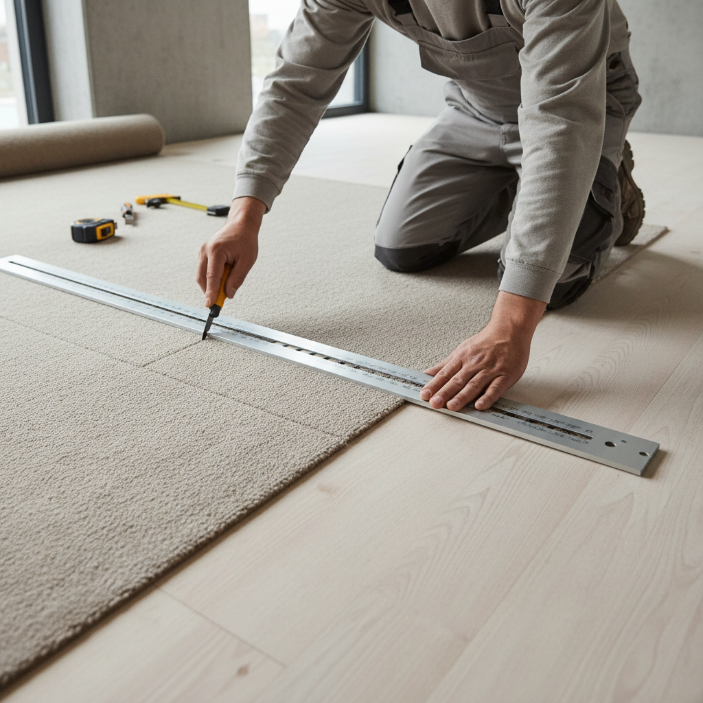 Using a straightedge guide to cut carpet in multiple controlled passes for clean seam edges