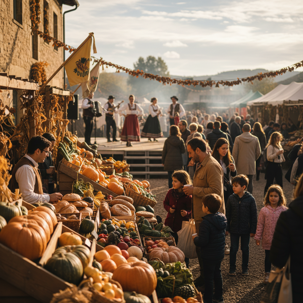 Local harvest festival market with seasonal produce and cultural performances