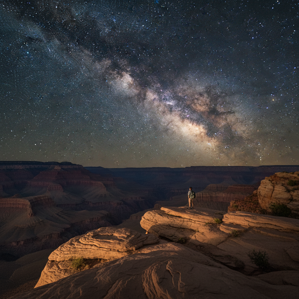 Milky Way over canyon foreground with low-level light painting