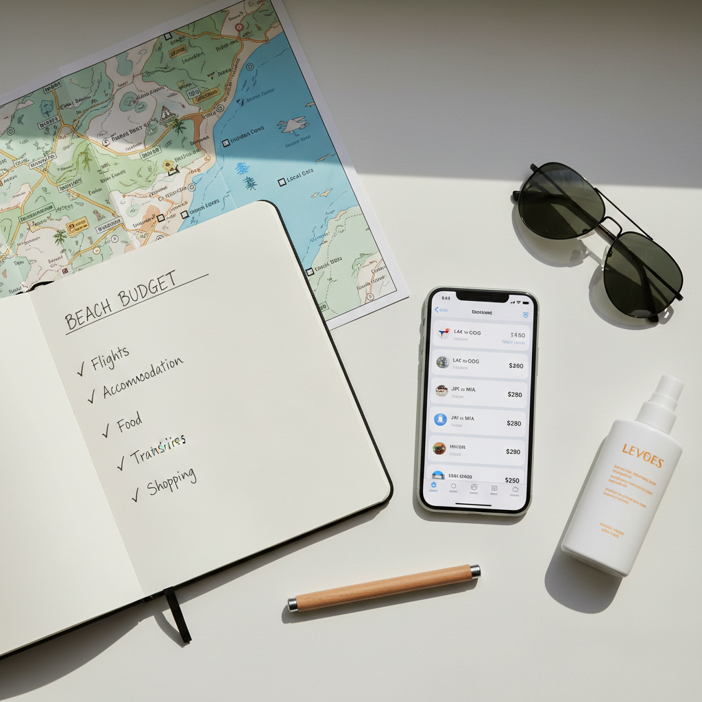 Budget beach trip planning with map, notebook, and travel budget items