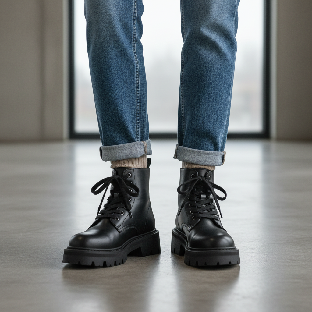 Chunky boots with cuffed jeans and neutral socks styling detail