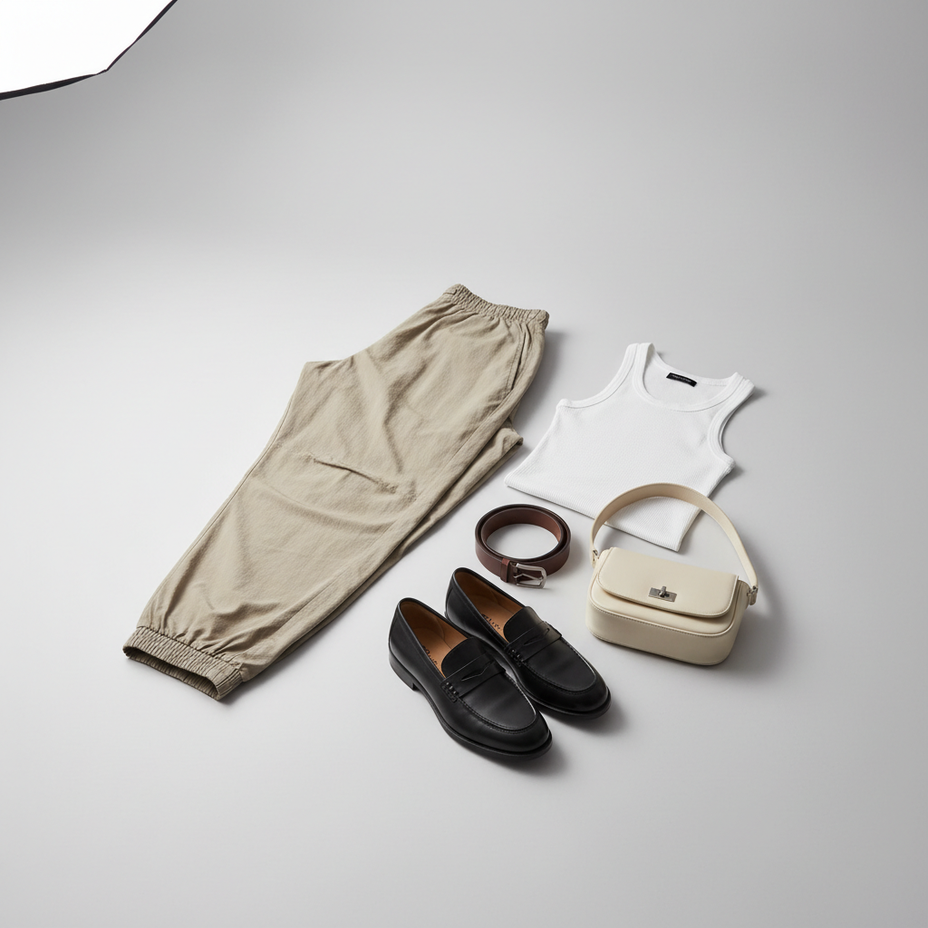 Minimal neutral outfit styling parachute pants with simple accessories