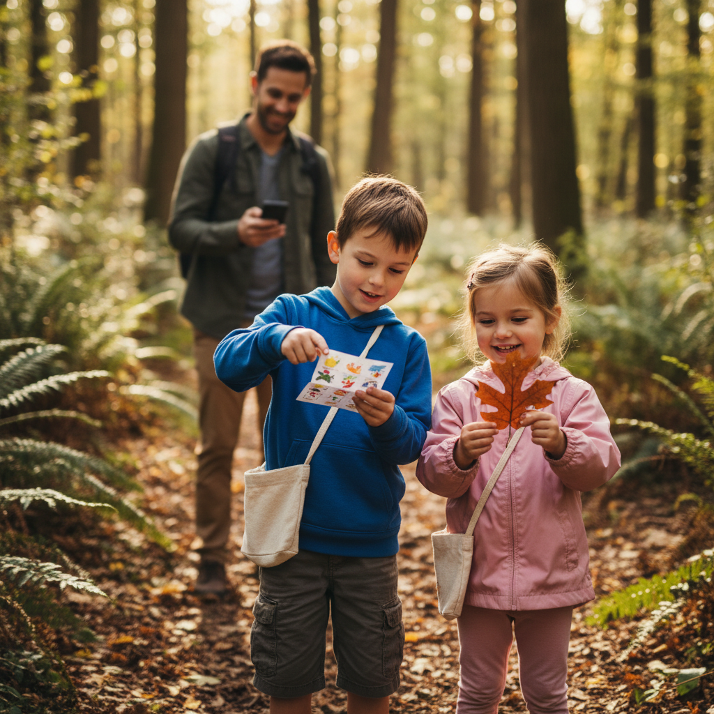 Kids doing a nature scavenger hunt on a wooded park trail