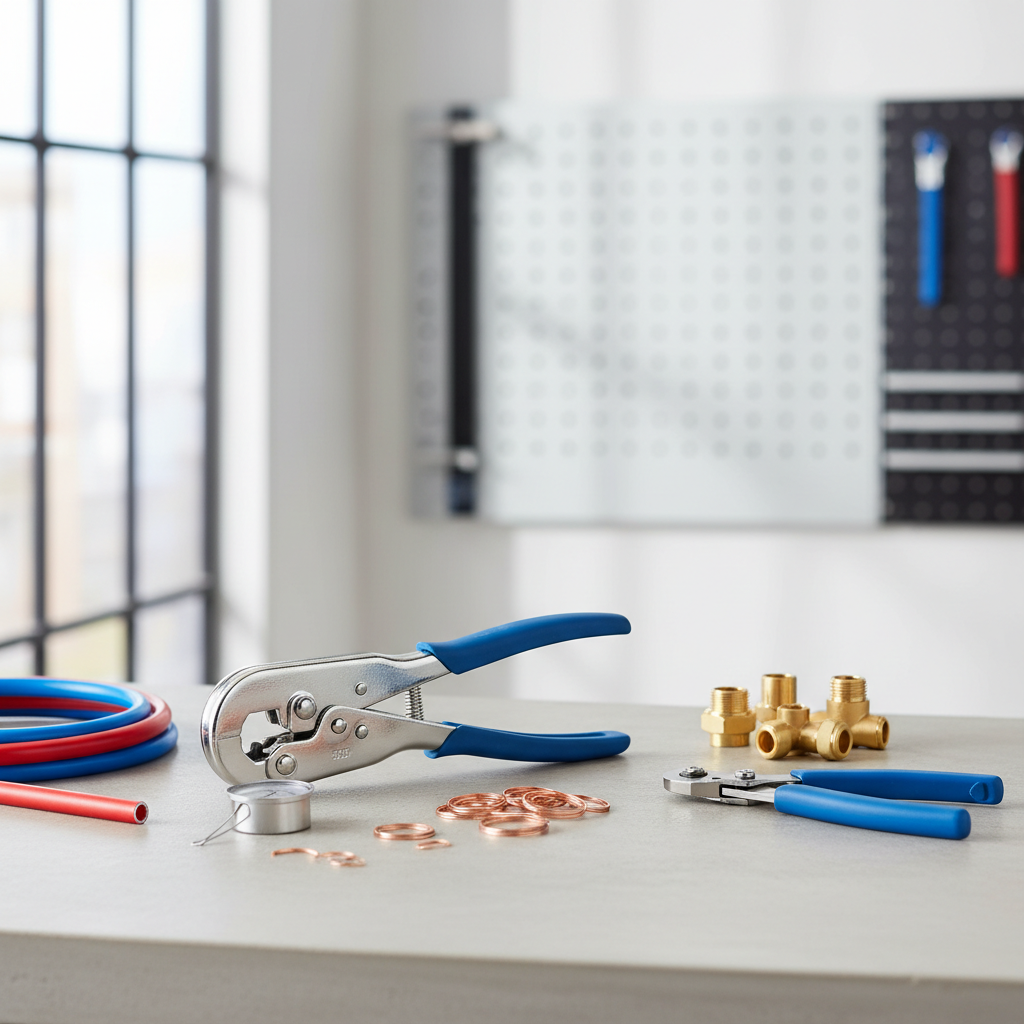 PEX plumbing repair setup with crimp tool kit on workbench