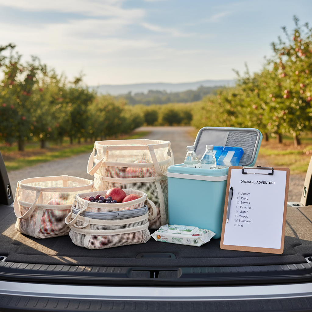 Reusable produce containers and cooler for an orchard travel destination picking trip