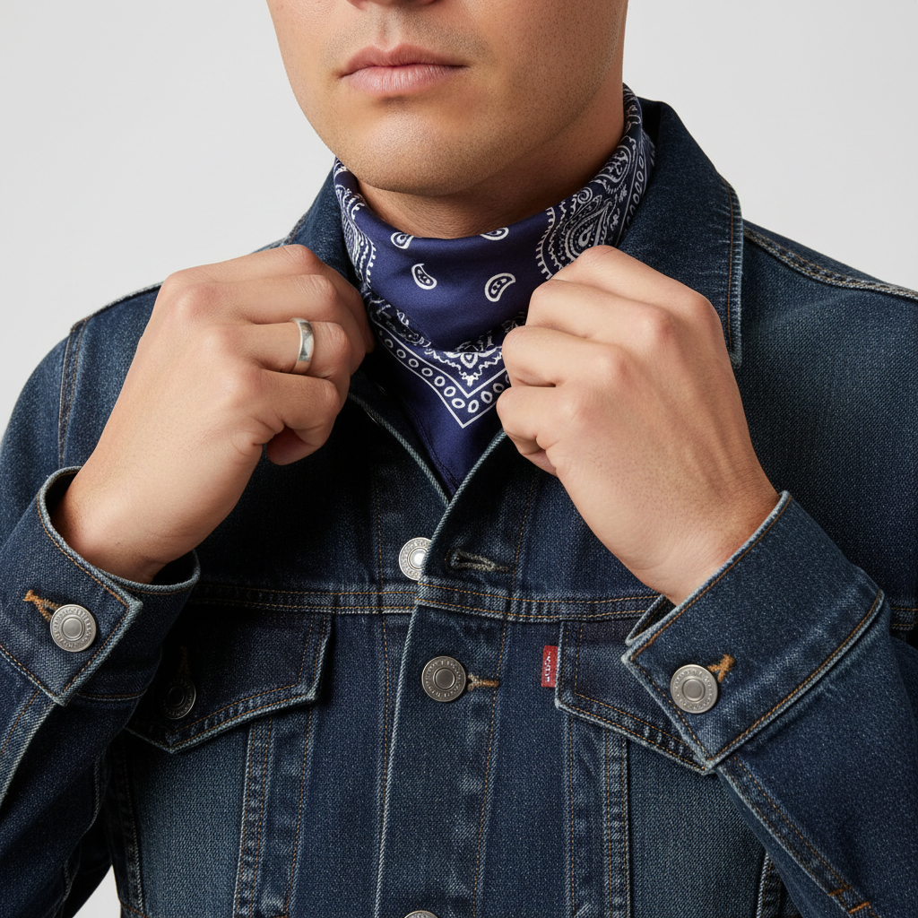 Men styling a bandana under a denim jacket collar for a clean, tucked look