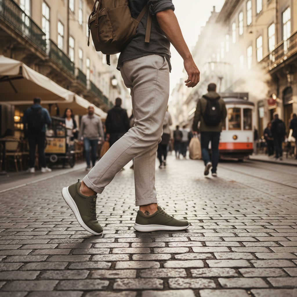 Tourist walking in comfortable travel shoes on a city street
