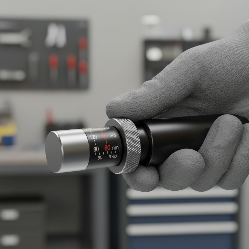 Close-up of a click-type torque wrench handle being adjusted to a torque setting