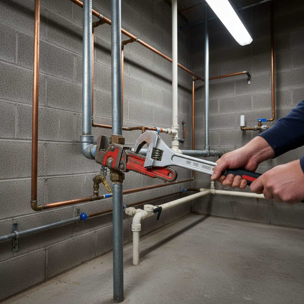 Plumber using two wrenches to loosen a threaded pipe joint safely