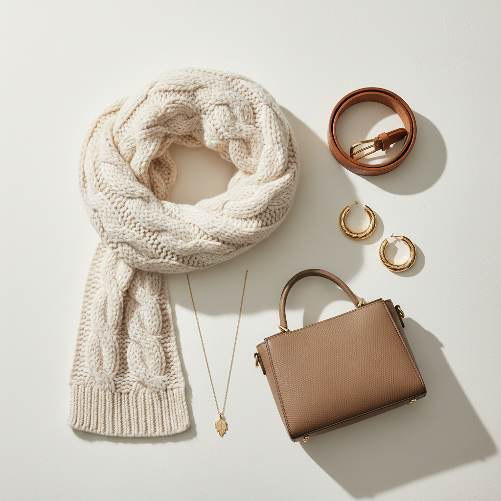 Cozy chic Thanksgiving outfit accessories including scarf, belt, and gold jewelry on a neutral background
