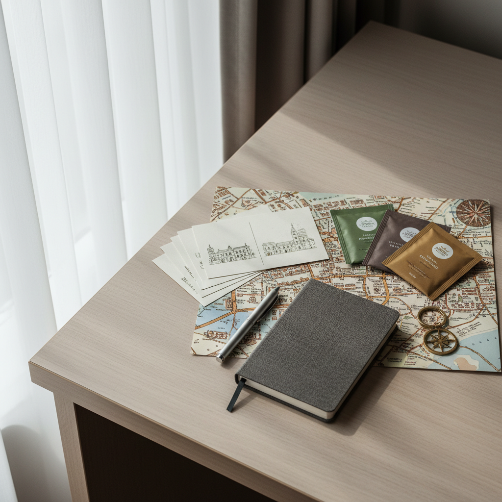 Flat-lay of meaningful cheap souvenirs like postcards, tea, and a small notebook on a hotel desk