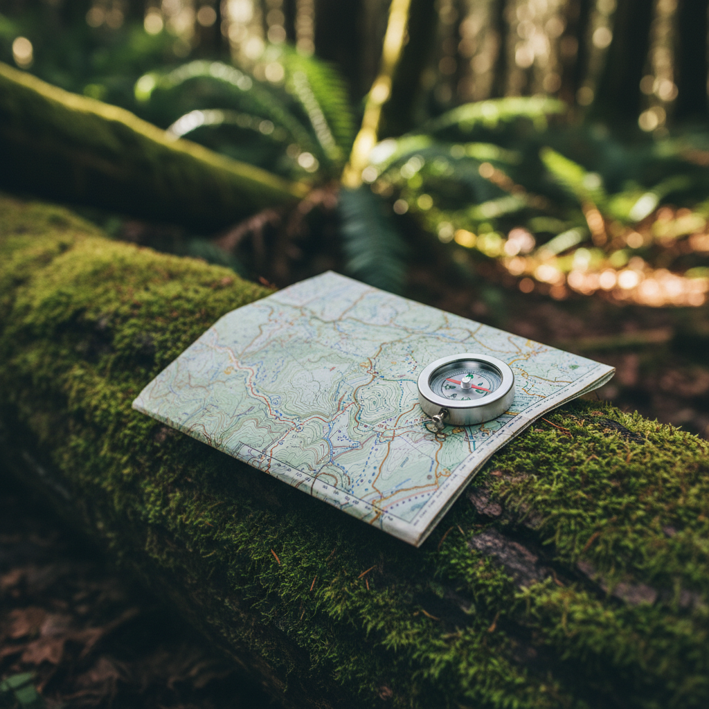 Trail map and compass on a log in a temperate forest