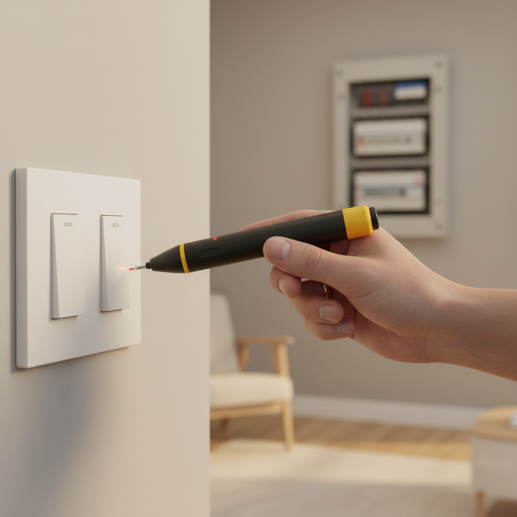 Homeowner using a non-contact voltage tester near a light switch after turning off a breaker