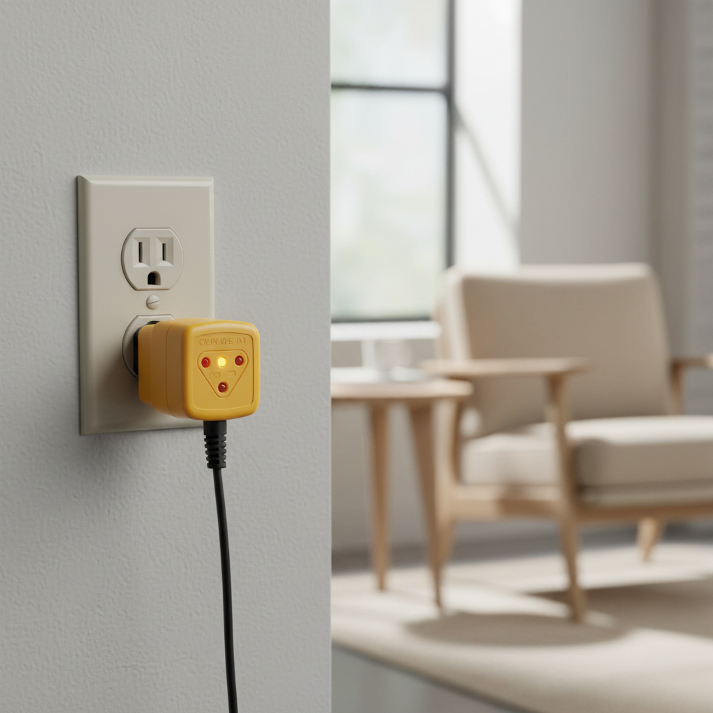 3-wire outlet tester plugged into a standard duplex receptacle showing indicator lights