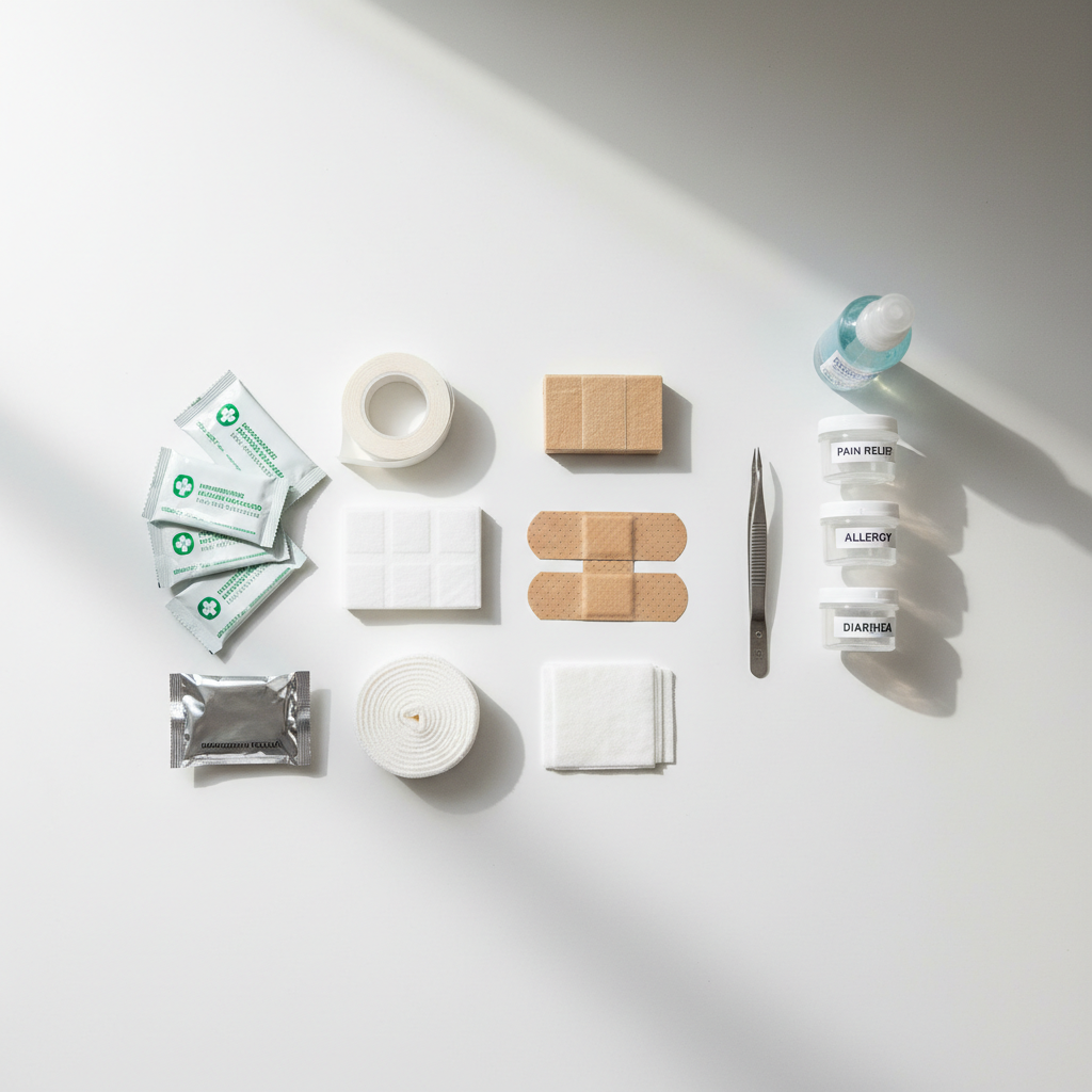 Organized travel first aid kit contents laid out on a clean table
