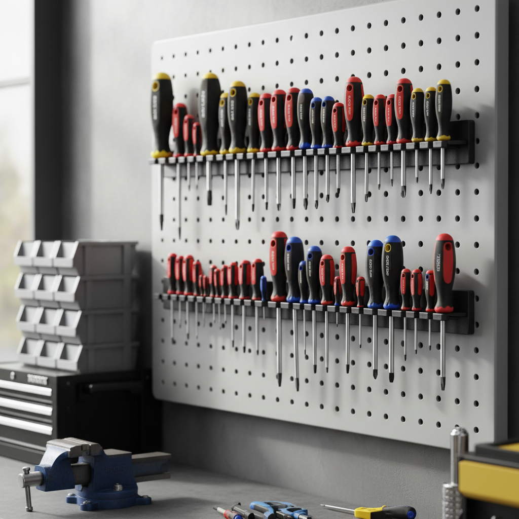 Wall-mounted screwdriver organizer rack holding multiple screwdrivers in a tidy garage