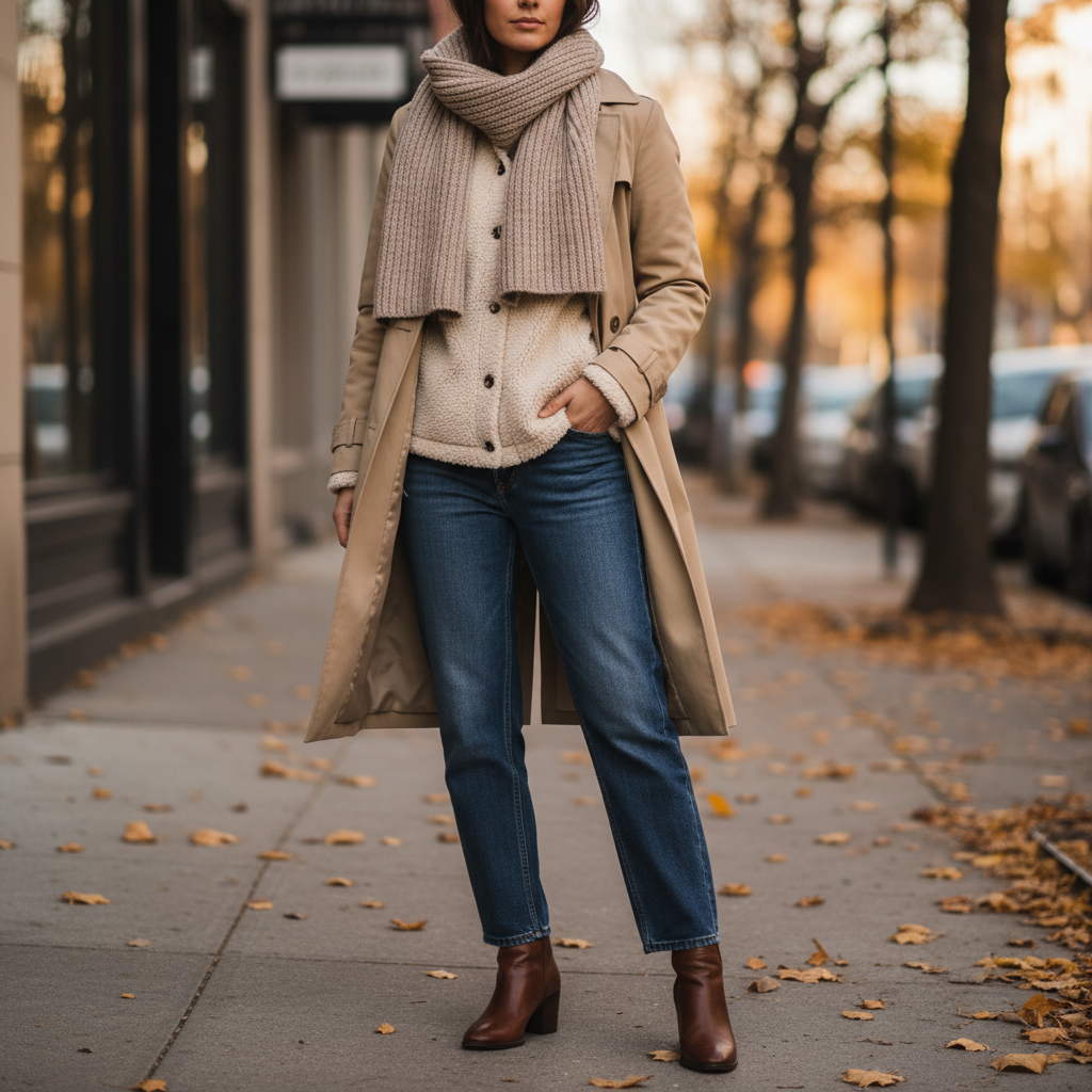 Layered fleece jacket cozy look with trench coat and scarf for fall street style