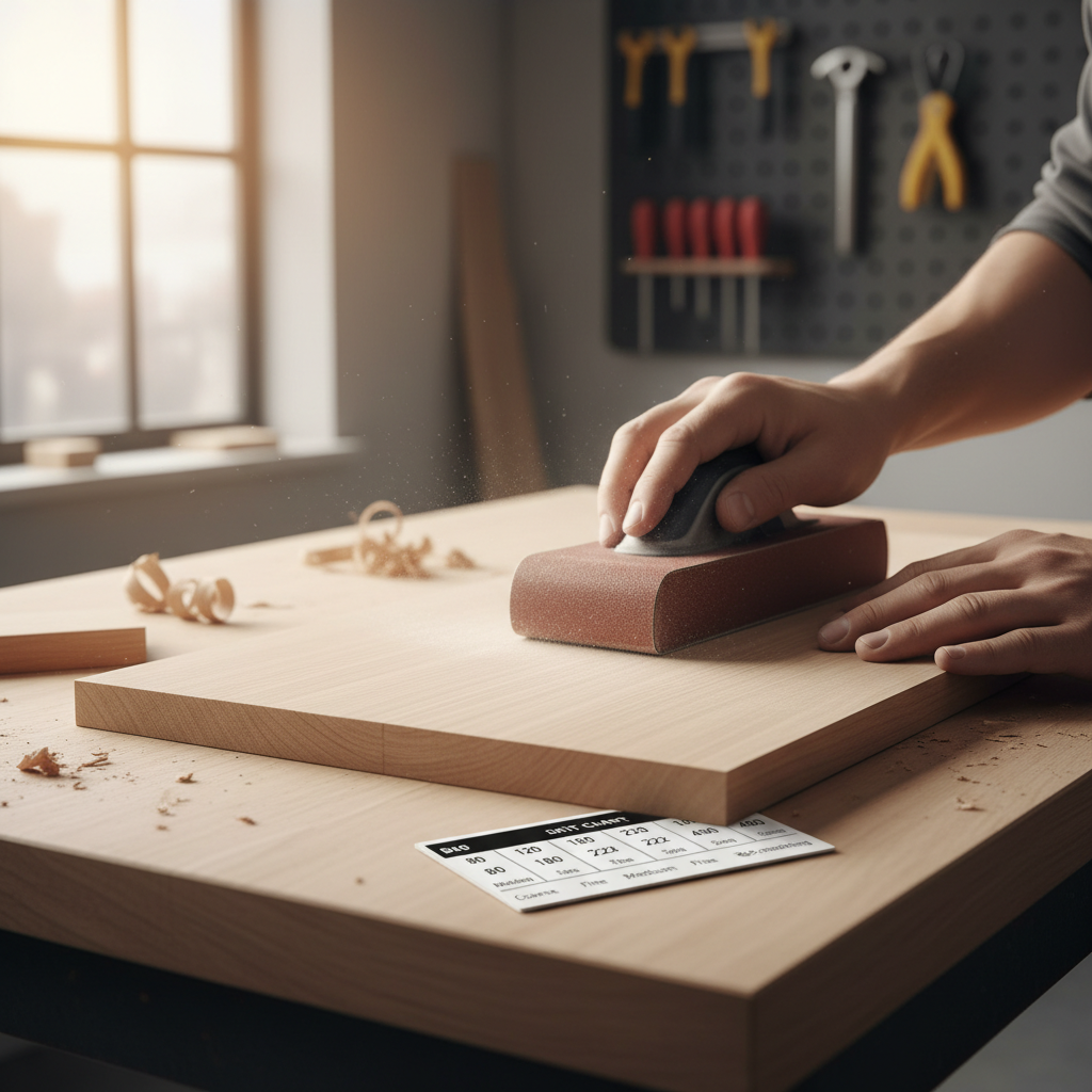 Hand sanding wood board with medium grit sandpaper next to grit chart