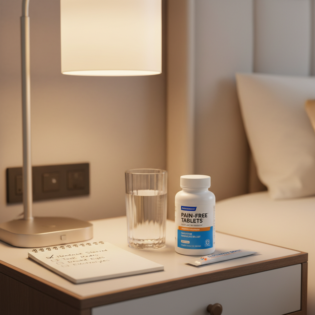 Hotel bedside table with labeled OTC meds, water bottle, and headache checklist