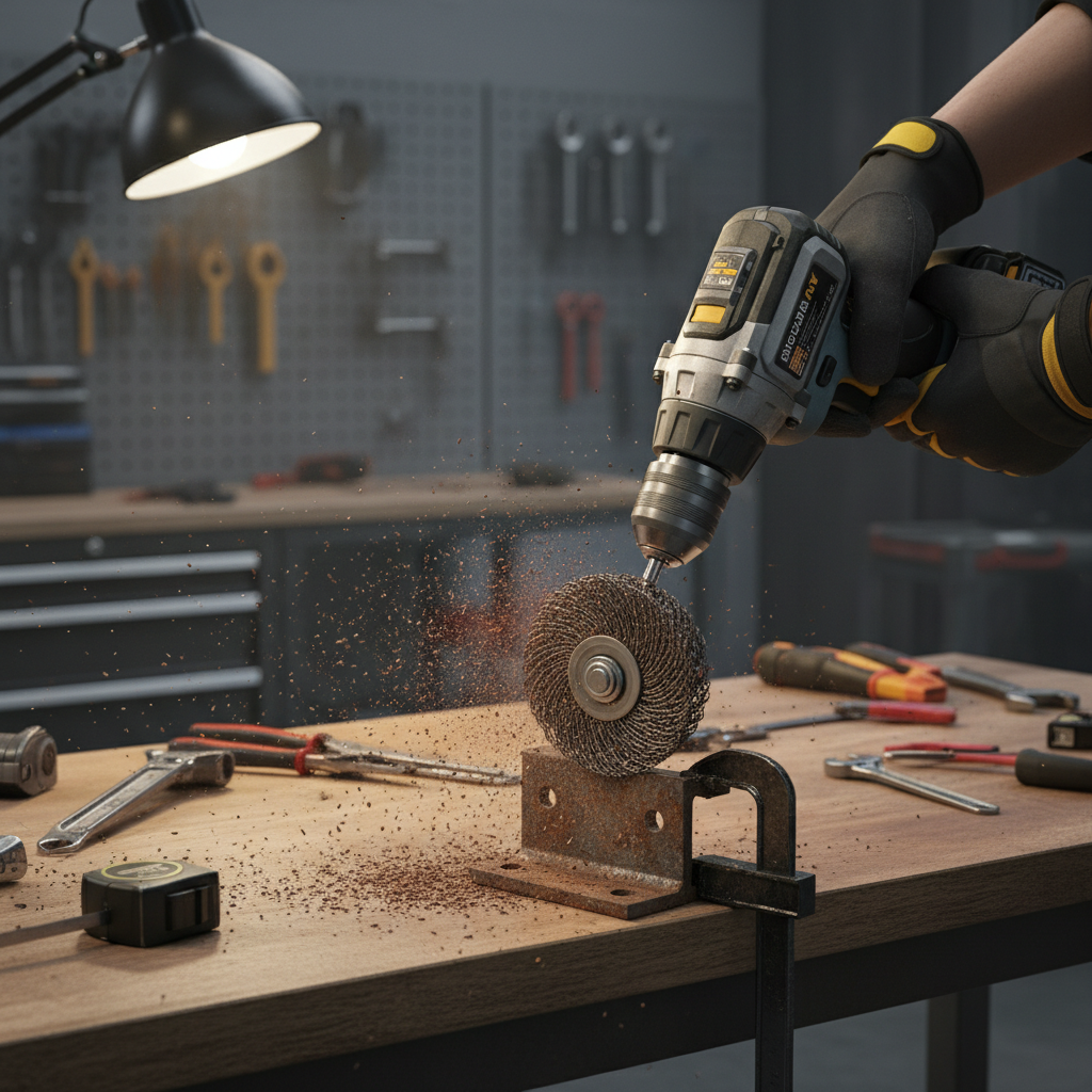 Wire wheel brush for drill removing rust from steel bracket