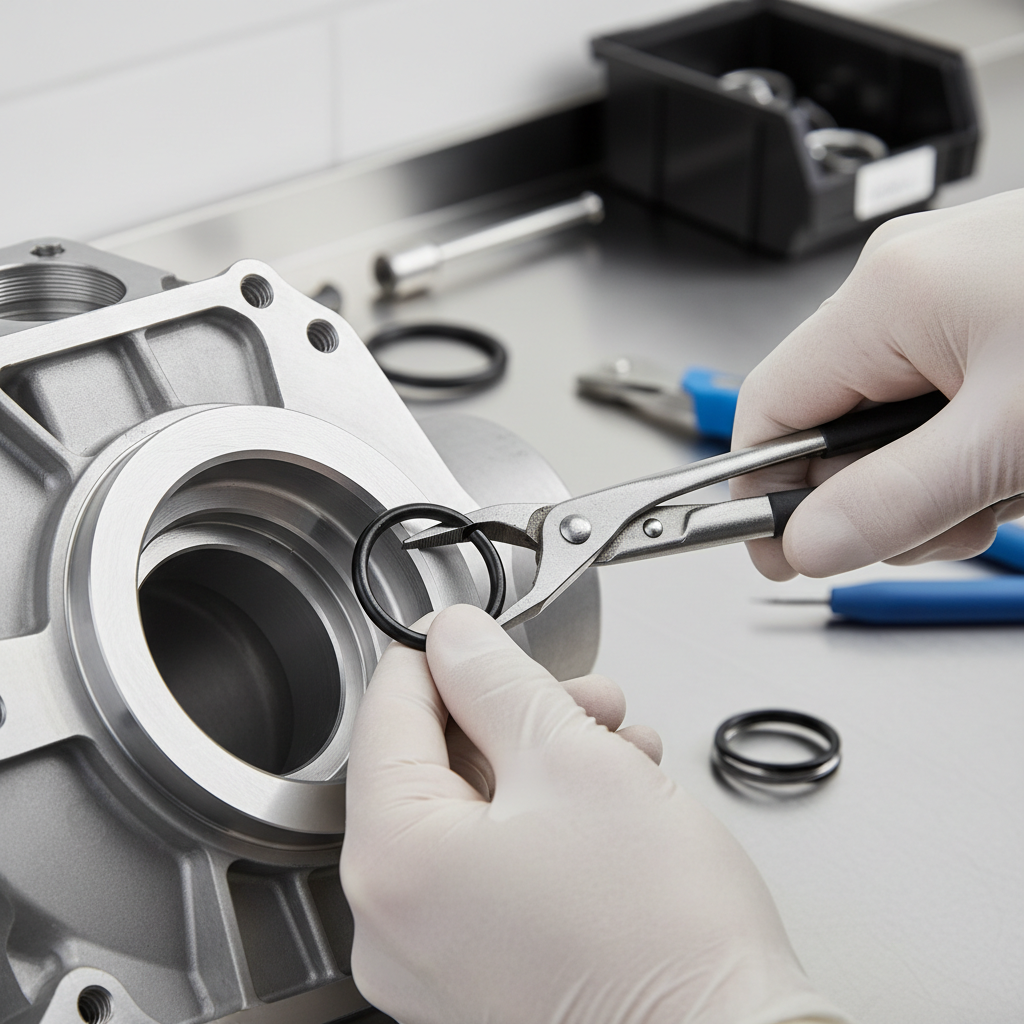 Close-up of installing an internal snap ring with pliers, showing proper tip engagement and controlled compression