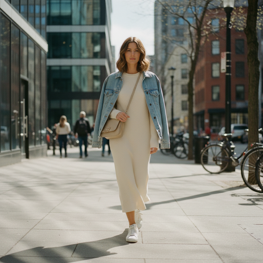 Casual midi dress outfit with sneakers and denim jacket