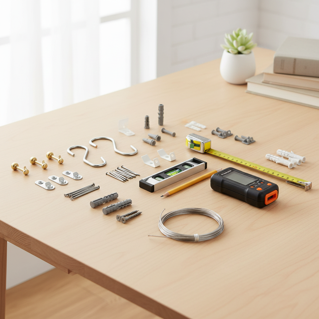 Picture hanging tool kit essentials laid out on a table for home decor