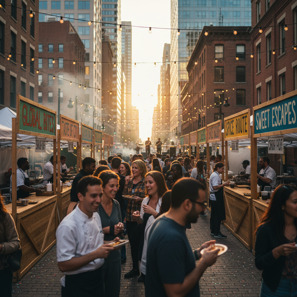 Crowds sampling street food at a lively outdoor food festival in a US city