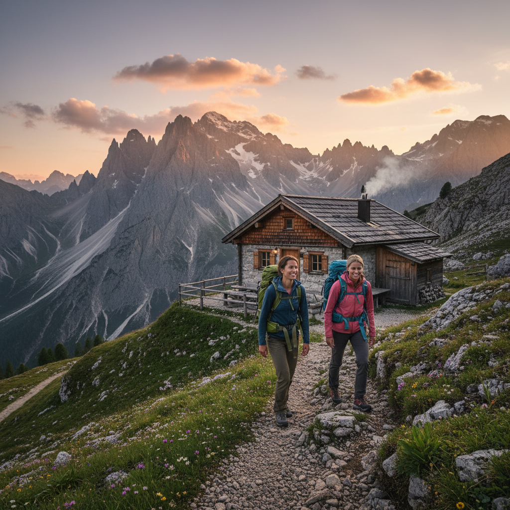 Hikers arriving at a mountain hut at sunset with backpacks