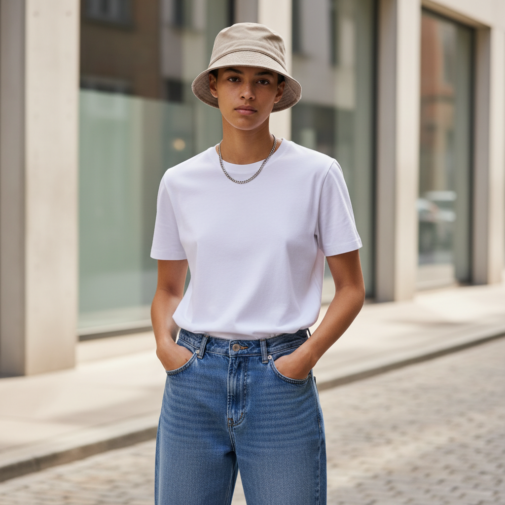 Modern street style bucket hat outfit with relaxed denim and white tee