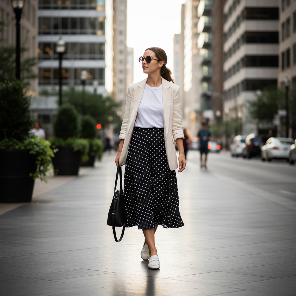 Modern polka dot outfit styling on a city street