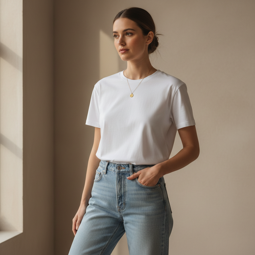 Minimalist outfit with coin necklace and white tee