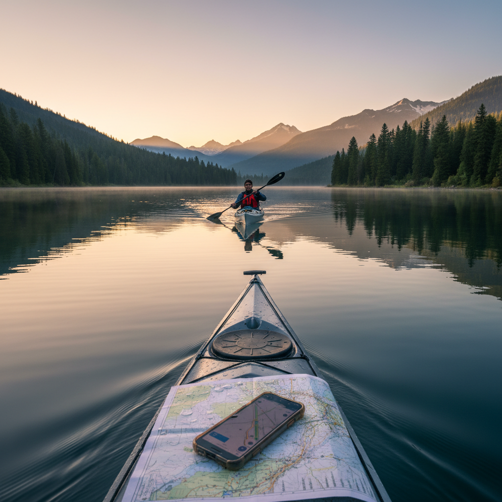 Kayaker on a calm lake at sunrise planning a trip route