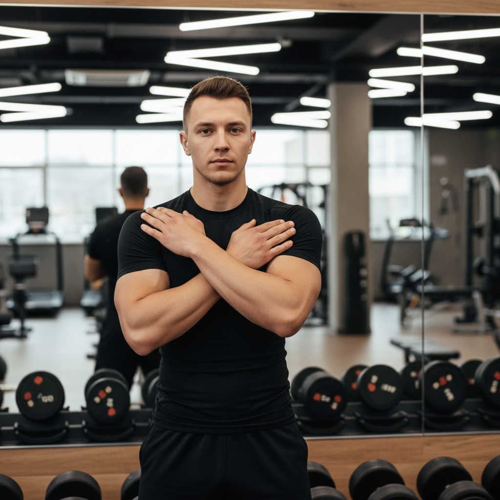 Man wearing a compression shirt in a gym checking fit at mirror