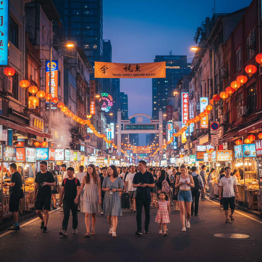 Well-lit night market street with visible security and crowds